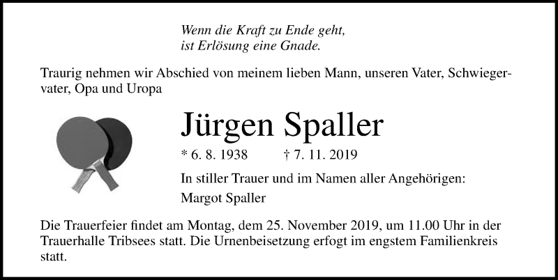  Traueranzeige für Jürgen Spaller vom 09.11.2019 aus Ostsee-Zeitung GmbH
