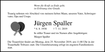 Traueranzeige von Jürgen Spaller von Ostsee-Zeitung GmbH