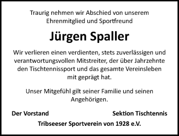 Traueranzeige von Jürgen Spaller von Ostsee-Zeitung GmbH