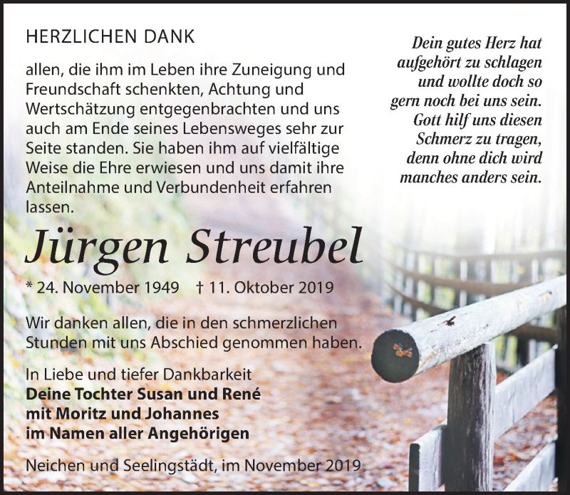  Traueranzeige für Jürgen Streubel vom 09.11.2019 aus Leipziger Volkszeitung