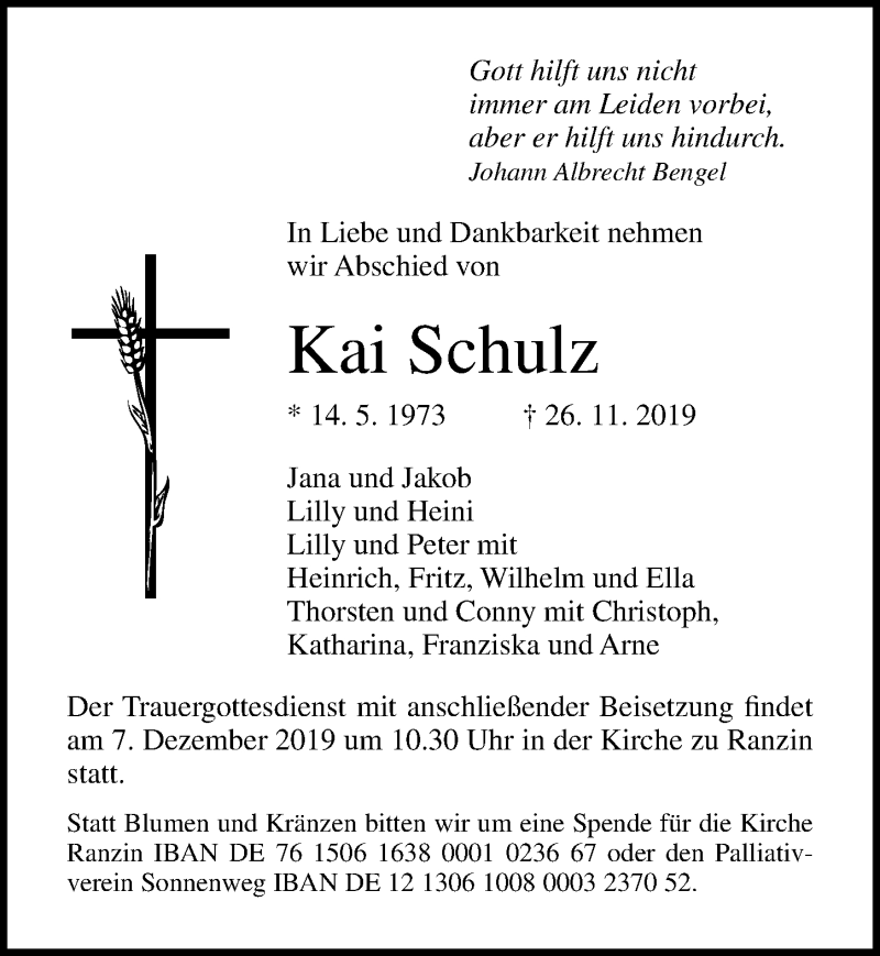  Traueranzeige für Kai Schulz vom 30.11.2019 aus Ostsee-Zeitung GmbH