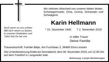 Traueranzeige von Karin Hellmann von Aller Zeitung