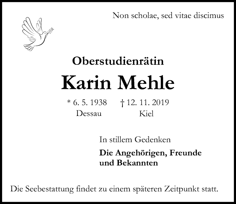  Traueranzeige für Karin Mehle vom 16.11.2019 aus Kieler Nachrichten