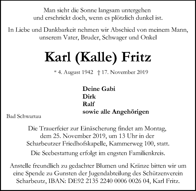  Traueranzeige für Karl Fritz vom 20.11.2019 aus Lübecker Nachrichten