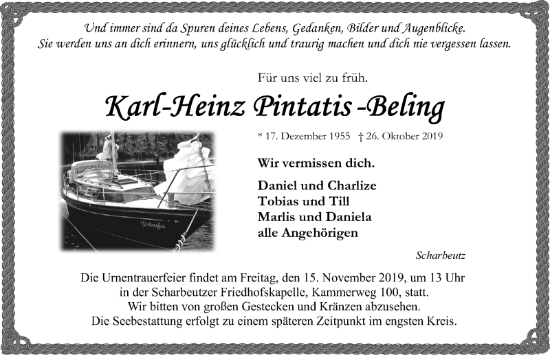  Traueranzeige für Karl-Heinz Pintatis-Beling vom 10.11.2019 aus Lübecker Nachrichten