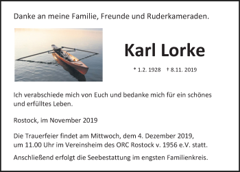 Traueranzeige von Karl Lorke von Ostsee-Zeitung GmbH