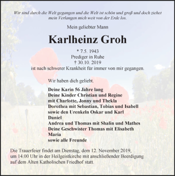 Traueranzeige von Karlheinz Groh von Ostsee-Zeitung GmbH