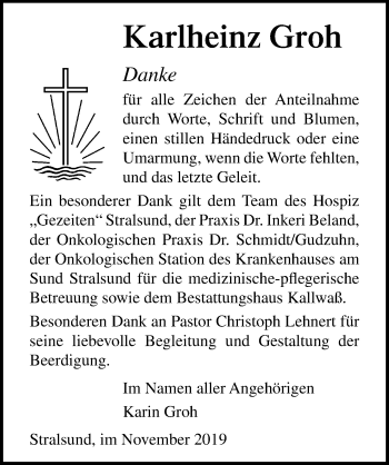 Traueranzeige von Karlheinz Groh von Ostsee-Zeitung GmbH