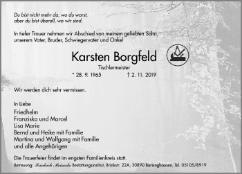 Traueranzeige von Karsten Borgfeld von Hannoversche Allgemeine Zeitung/Neue Presse