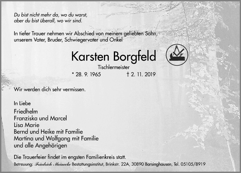  Traueranzeige für Karsten Borgfeld vom 09.11.2019 aus Hannoversche Allgemeine Zeitung/Neue Presse