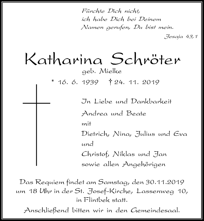  Traueranzeige für Katharina Schröter vom 28.11.2019 aus Kieler Nachrichten