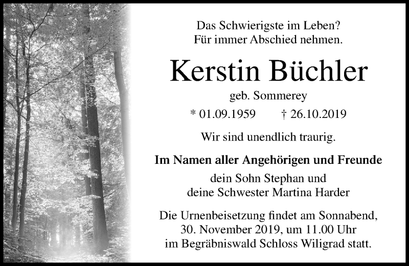  Traueranzeige für Kerstin Büchler vom 26.11.2019 aus Ostsee-Zeitung GmbH