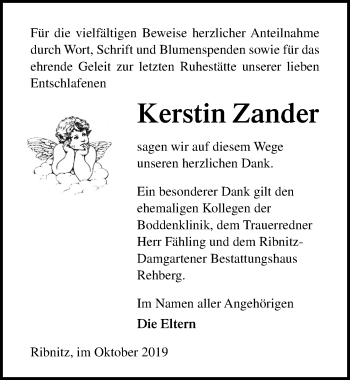 Traueranzeige von Kerstin Zander von Ostsee-Zeitung GmbH