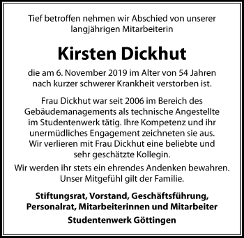 Traueranzeige von Kirsten Dickhut von Göttinger Tageblatt