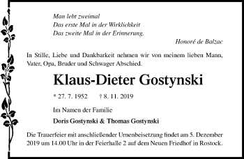 Traueranzeige von Klaus-Dieter Gostynski von Ostsee-Zeitung GmbH