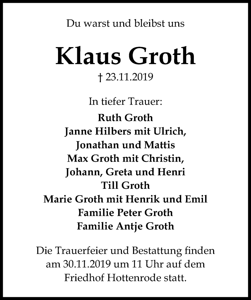  Traueranzeige für Klaus Groth vom 27.11.2019 aus Göttinger Tageblatt