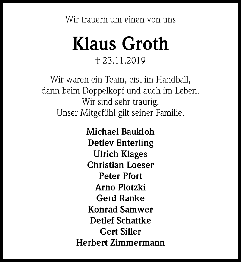  Traueranzeige für Klaus Groth vom 30.11.2019 aus Göttinger Tageblatt