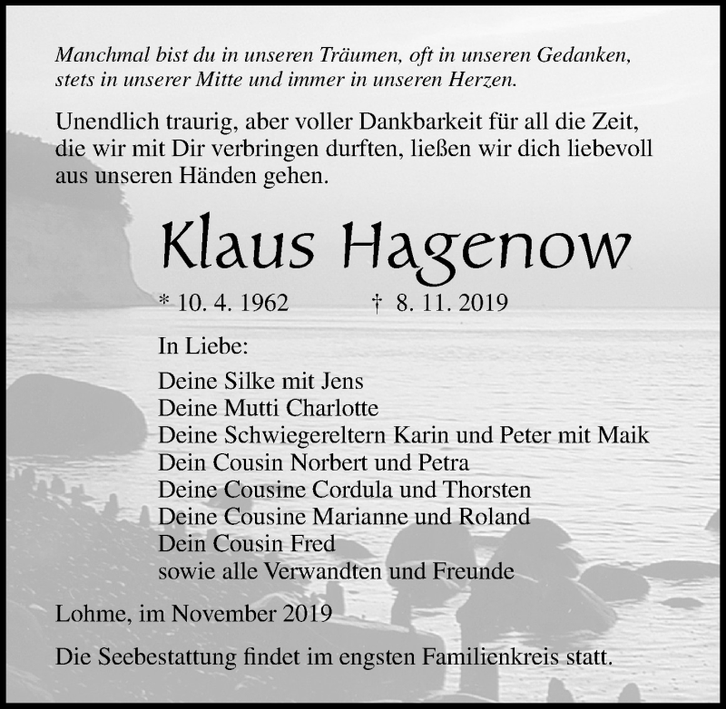  Traueranzeige für Klaus Hagenow vom 16.11.2019 aus Ostsee-Zeitung GmbH