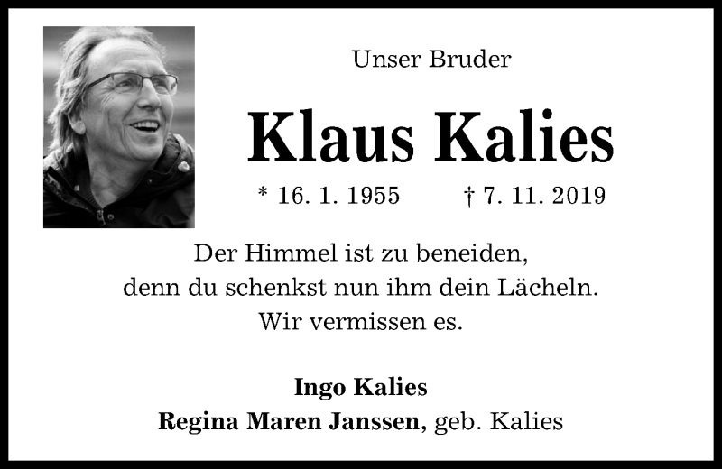  Traueranzeige für Klaus Kalies vom 13.11.2019 aus Kieler Nachrichten
