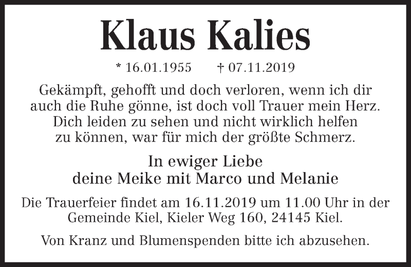 Traueranzeige für Klaus Kalies vom 09.11.2019 aus Kieler Nachrichten