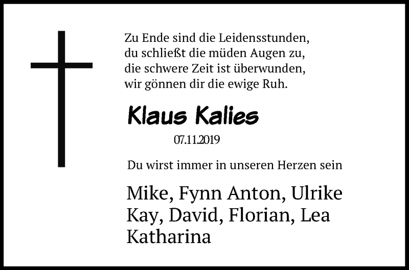 Traueranzeige für Klaus Kalies vom 12.11.2019 aus Kieler Nachrichten