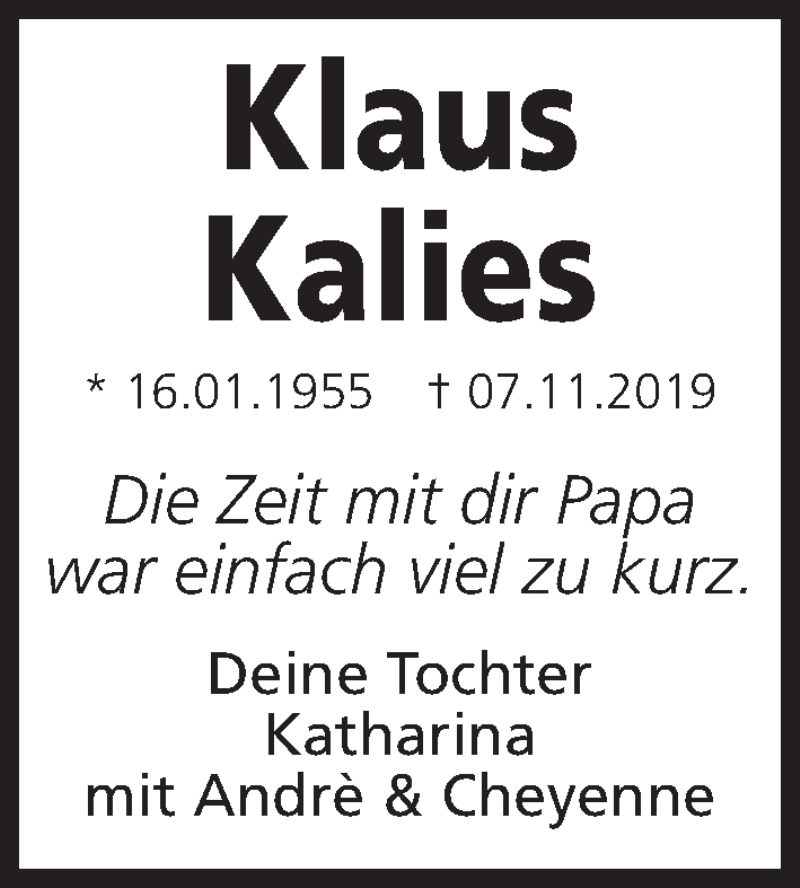  Traueranzeige für Klaus Kalies vom 16.11.2019 aus Kieler Nachrichten