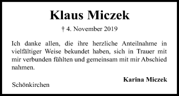 Traueranzeige von Klaus Miczek von Kieler Nachrichten