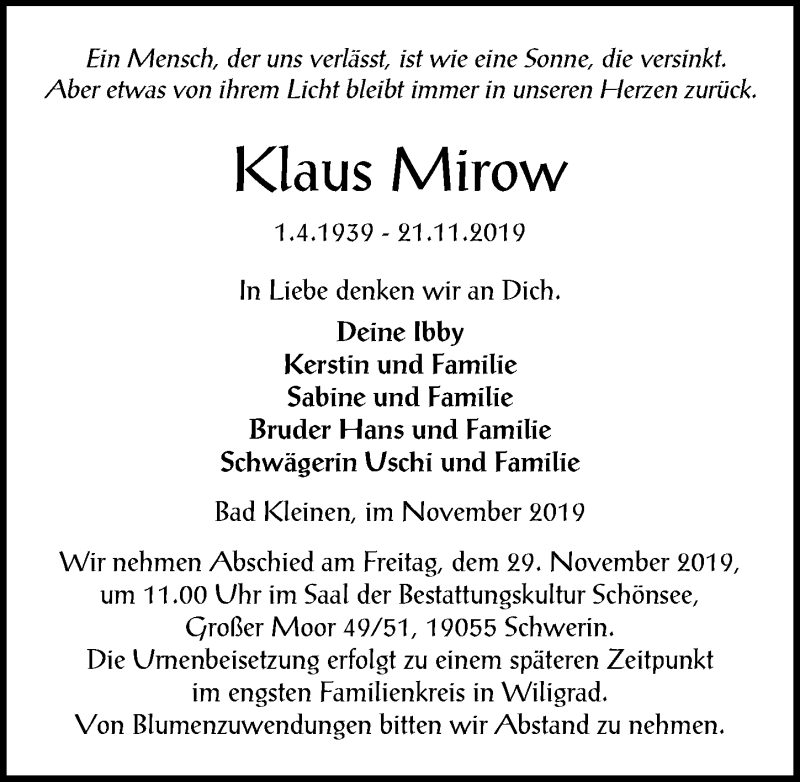  Traueranzeige für Klaus Mirow vom 23.11.2019 aus Ostsee-Zeitung GmbH