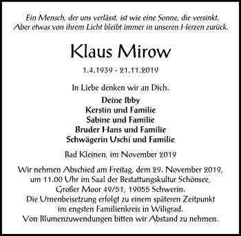 Traueranzeige von Klaus Mirow von Ostsee-Zeitung GmbH