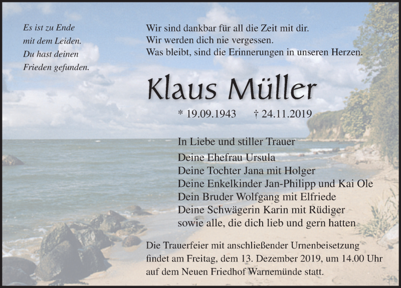 Traueranzeige für Klaus Müller vom 30.11.2019 aus Ostsee-Zeitung GmbH