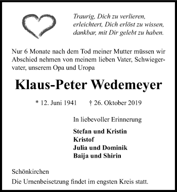 Traueranzeige von Klaus-Peter Wedemeyer von Kieler Nachrichten