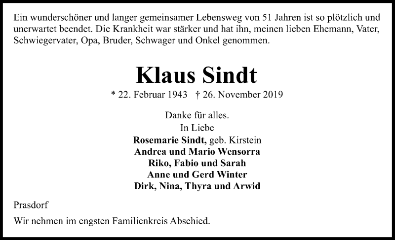  Traueranzeige für Klaus Sindt vom 30.11.2019 aus Kieler Nachrichten