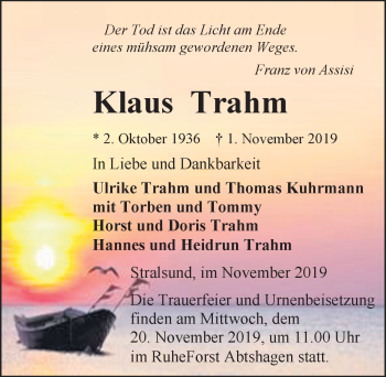 Traueranzeige von Klaus Trahm von Ostsee-Zeitung GmbH