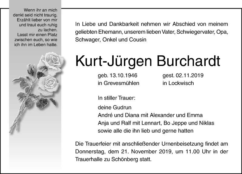  Traueranzeige für Kurt-Jürgen Burchardt vom 16.11.2019 aus Ostsee-Zeitung GmbH