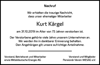 Traueranzeige von Kurt Kärgel von Leipziger Volkszeitung