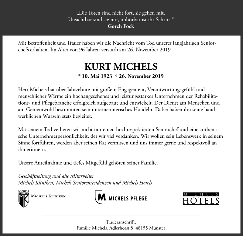  Traueranzeige für Kurt Michels vom 30.11.2019 aus Leipziger Volkszeitung