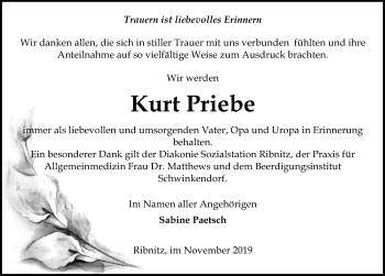 Traueranzeige von Kurt Priebe von Ostsee-Zeitung GmbH