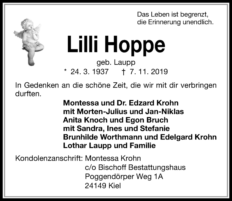  Traueranzeige für Lilli Hoppe vom 30.11.2019 aus Kieler Nachrichten