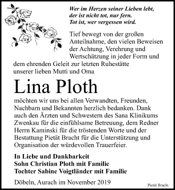 Traueranzeige von Lina Ploth von Leipziger Volkszeitung