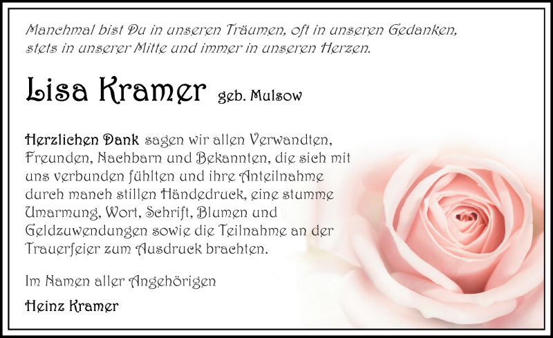  Traueranzeige für Lisa Kramer vom 09.11.2019 aus Ostsee-Zeitung GmbH