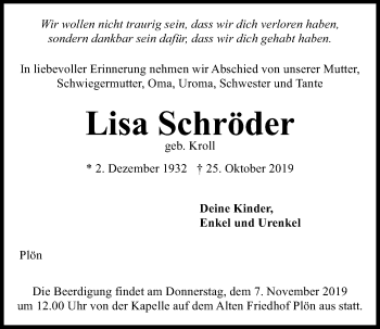 Traueranzeige von Lisa Schröder von Kieler Nachrichten