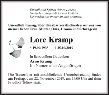 Traueranzeige von Lore Kramp von Märkischen Allgemeine Zeitung