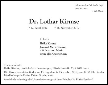 Traueranzeige von Lothar Kirmse von Kieler Nachrichten