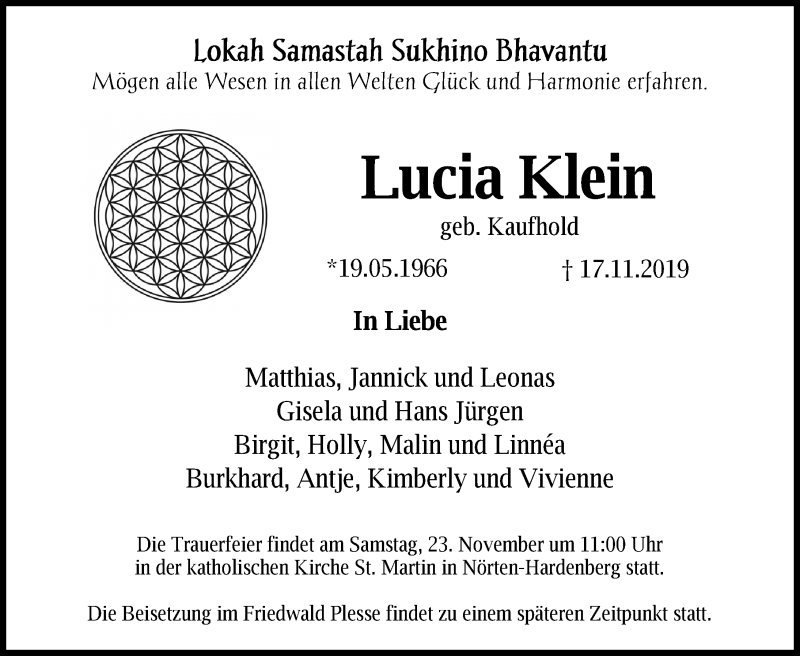  Traueranzeige für Lucia Klein vom 21.11.2019 aus Göttinger Tageblatt