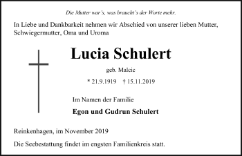 Traueranzeige von Lucia Schulert von Ostsee-Zeitung GmbH