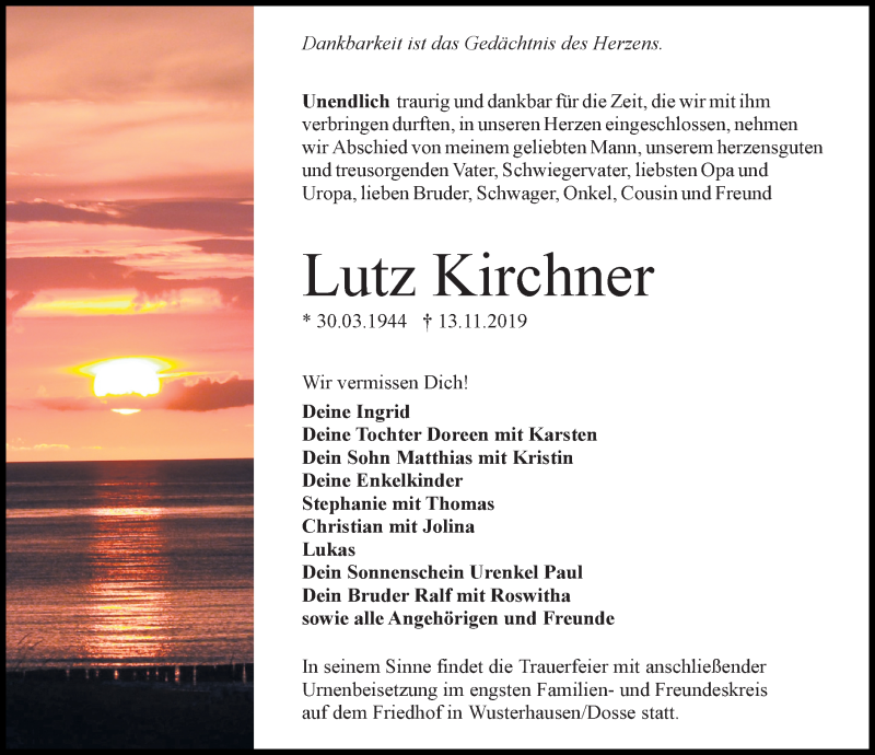 Traueranzeige für Lutz Kirchner vom 16.11.2019 aus Märkischen Allgemeine Zeitung