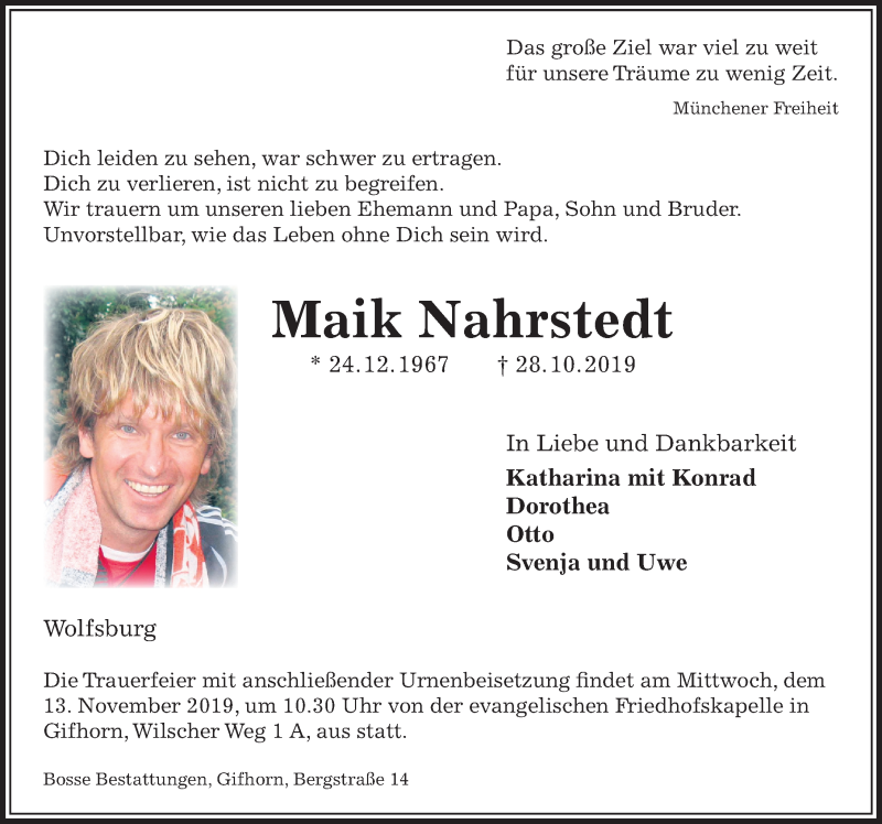  Traueranzeige für Maik Nahrstedt vom 05.11.2019 aus Aller Zeitung