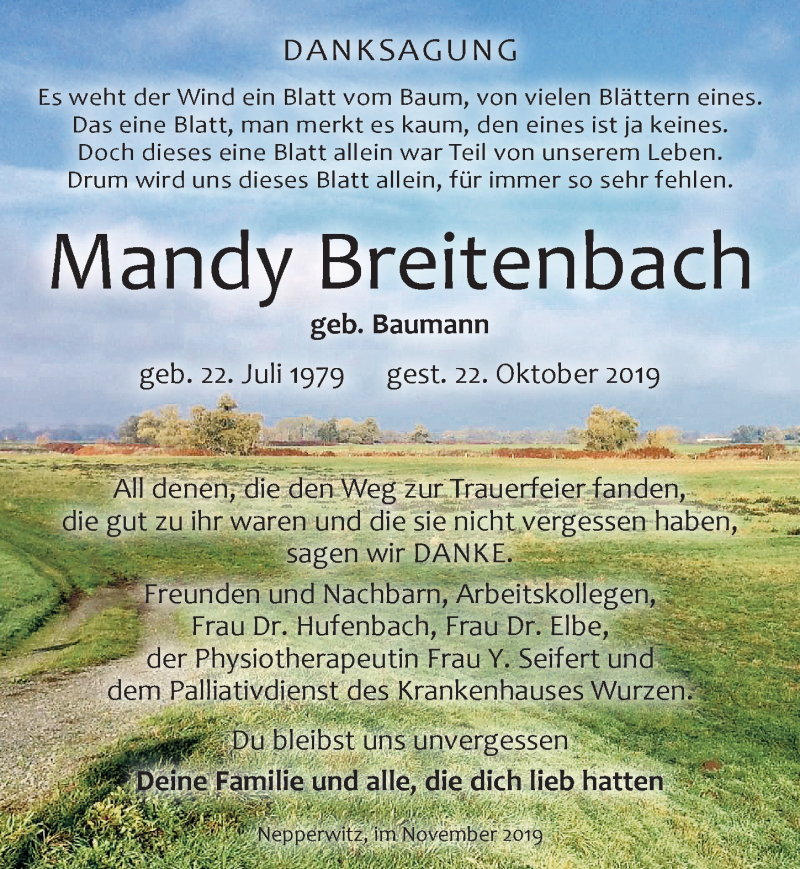  Traueranzeige für Mandy Breitenbach vom 16.11.2019 aus Leipziger Volkszeitung