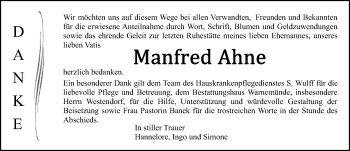 Traueranzeige von Manfred Ahne von Ostsee-Zeitung GmbH