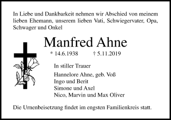 Traueranzeige von Manfred Ahne von Ostsee-Zeitung GmbH